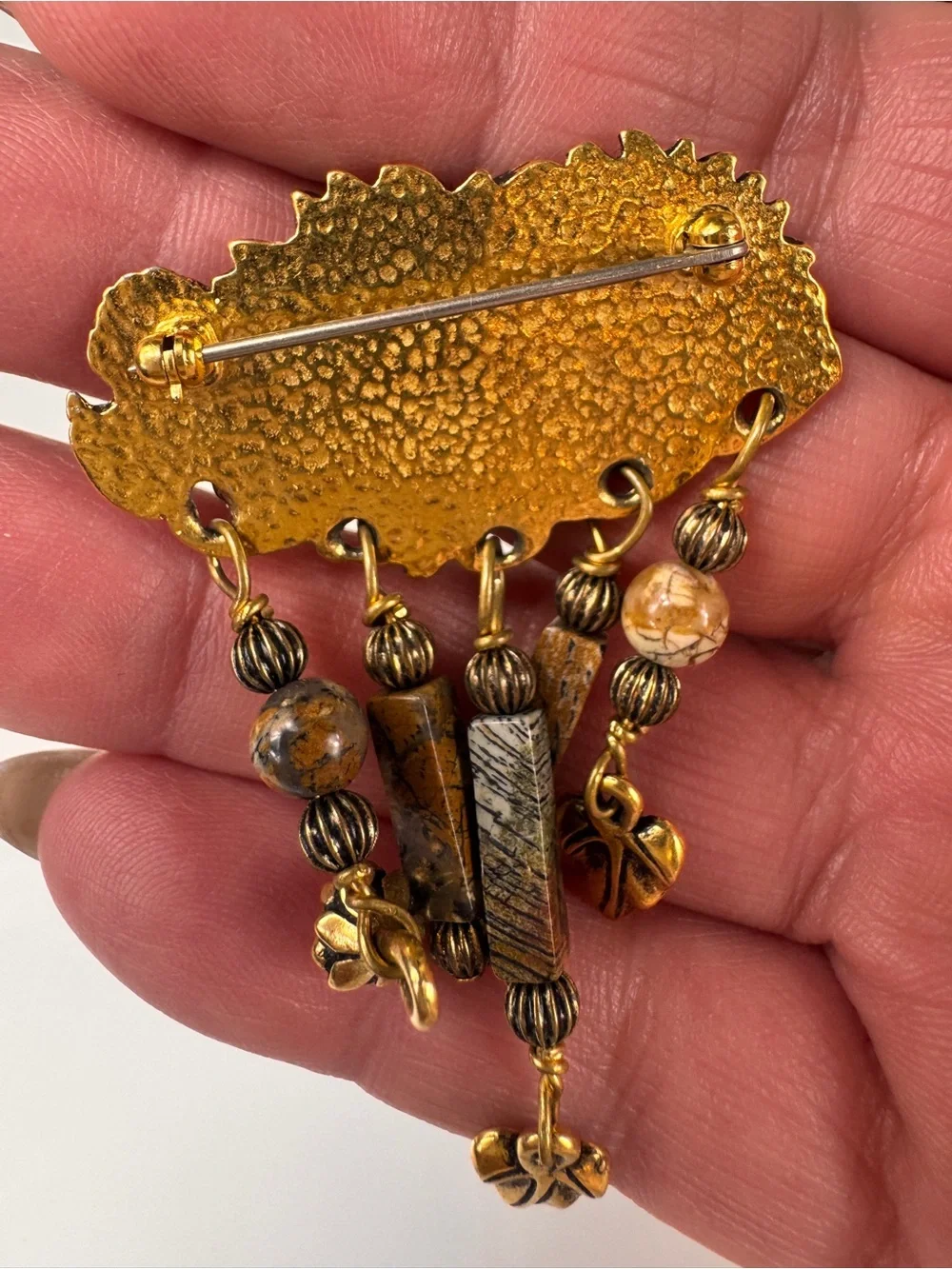 Vintage Jasper Bar Brooch with Gold-Tone Accents
